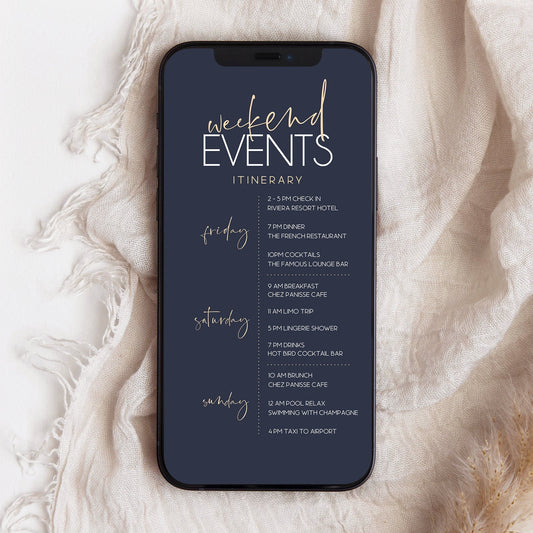 Digital Modern Birthday Weekend Events Itinerary Template, DIY Navy Minimal Birthday Weekend, Electronic Schedule Itinerary, Phone Evite