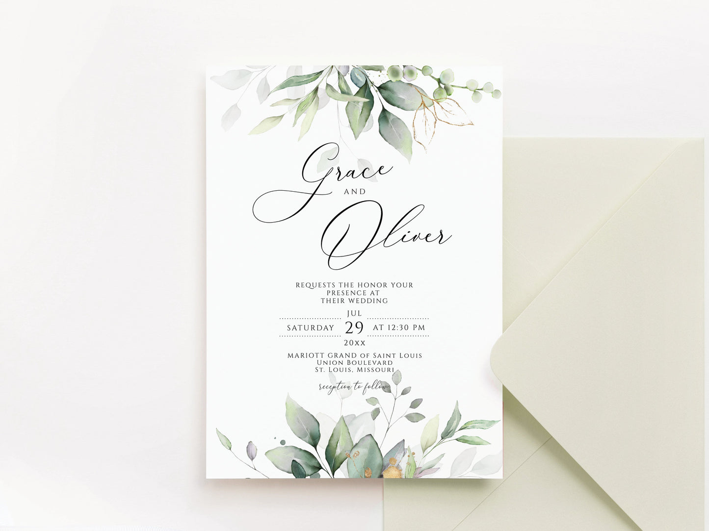 Elegant Greenery Wedding Invitation Template, Printable Wedding invite, Editable Wedding Invitation, Sage greenery invite template download