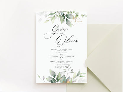 Elegant Greenery Wedding Invitation Template, Printable Wedding invite, Editable Wedding Invitation, Sage greenery invite template download