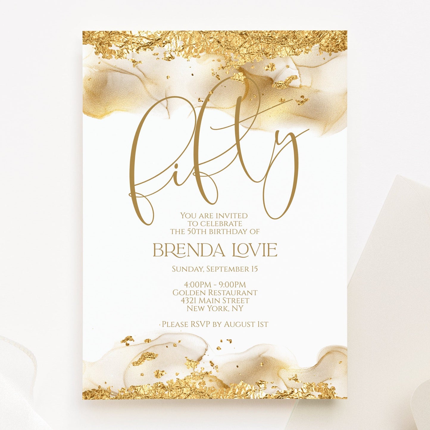 50th Fifty Birthday Invitation Template | Editable Gold Foil Glitter Design
