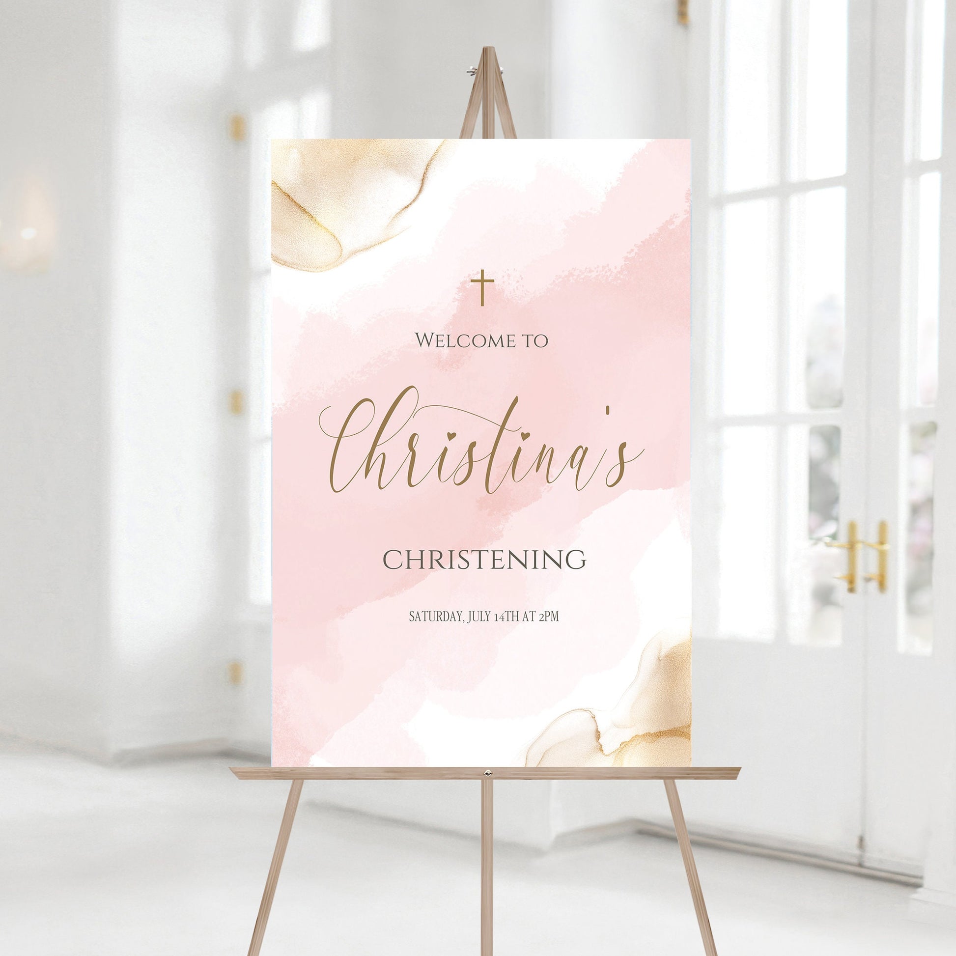 Girl Christening Welcome Sign Template, Printable Baptism Welcome Sign, Pink Gold Christening Welcome Sign, Editable Welcome Sign Poster