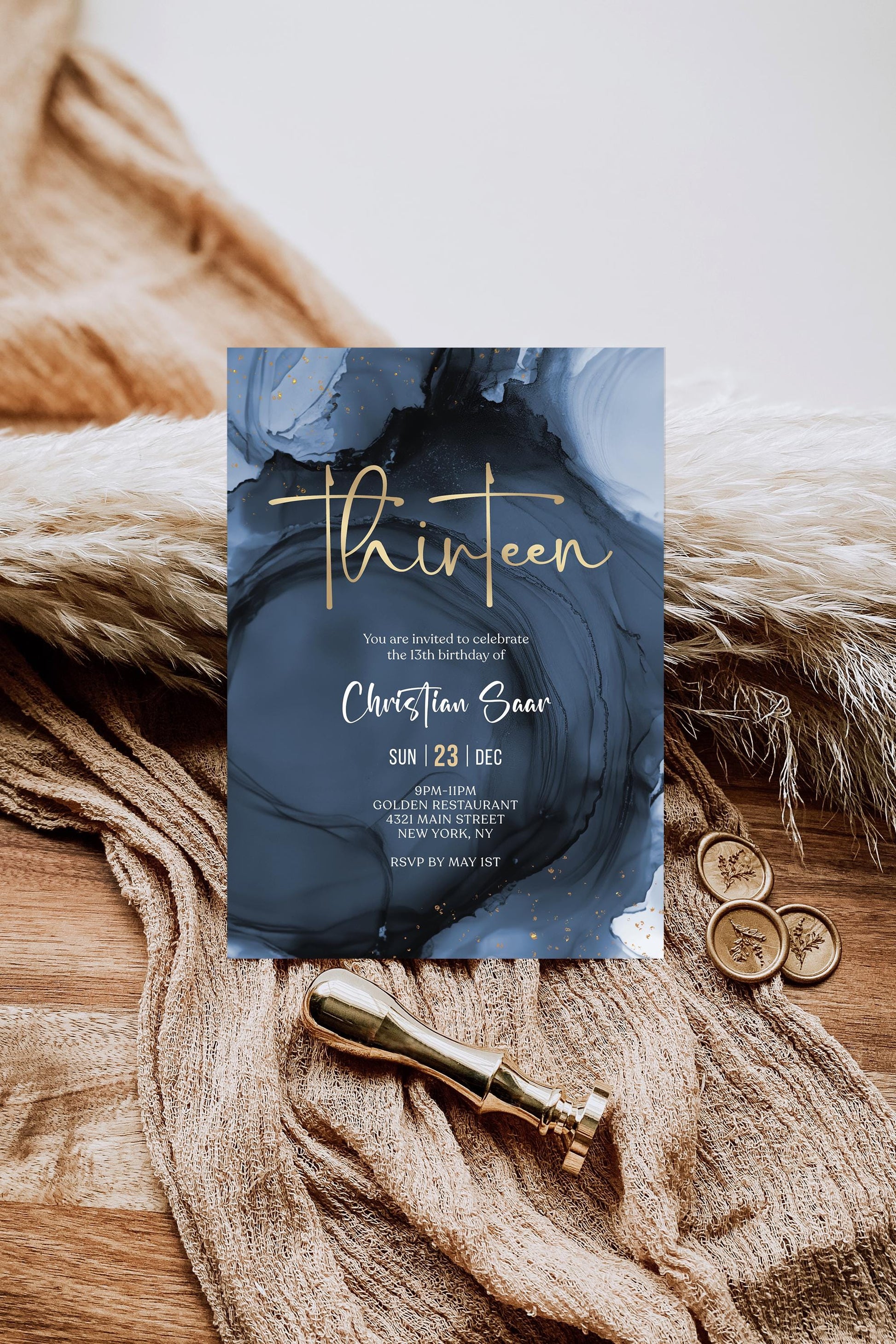 Navy Gold Boy 13th Thirteen Birthday Invitation Template, Printable Birthday Party Invite, Editable Boy Surprise Invite, Digital Download