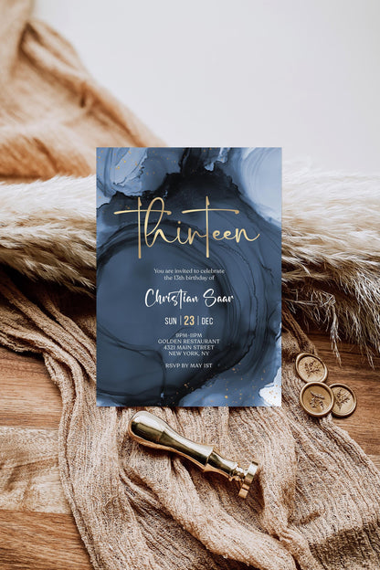 Navy Gold Boy 13th Thirteen Birthday Invitation Template, Printable Birthday Party Invite, Editable Boy Surprise Invite, Digital Download