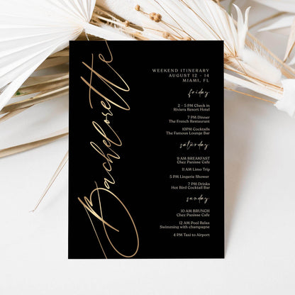 Black Bachelorette Itinerary Template, Editable Weekend Event Schedule, Printable Elegant Itinerary, Digital Download, Text Message Evite