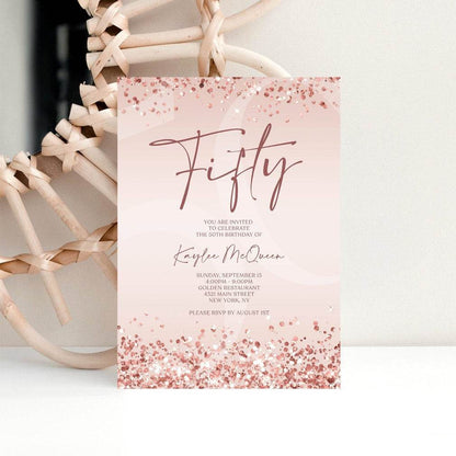 Rose Gold 50th Birthday Invitation Template | Printable Editable Pink Woman Birthday Invite | Text Message Evite | Digital Instant Download