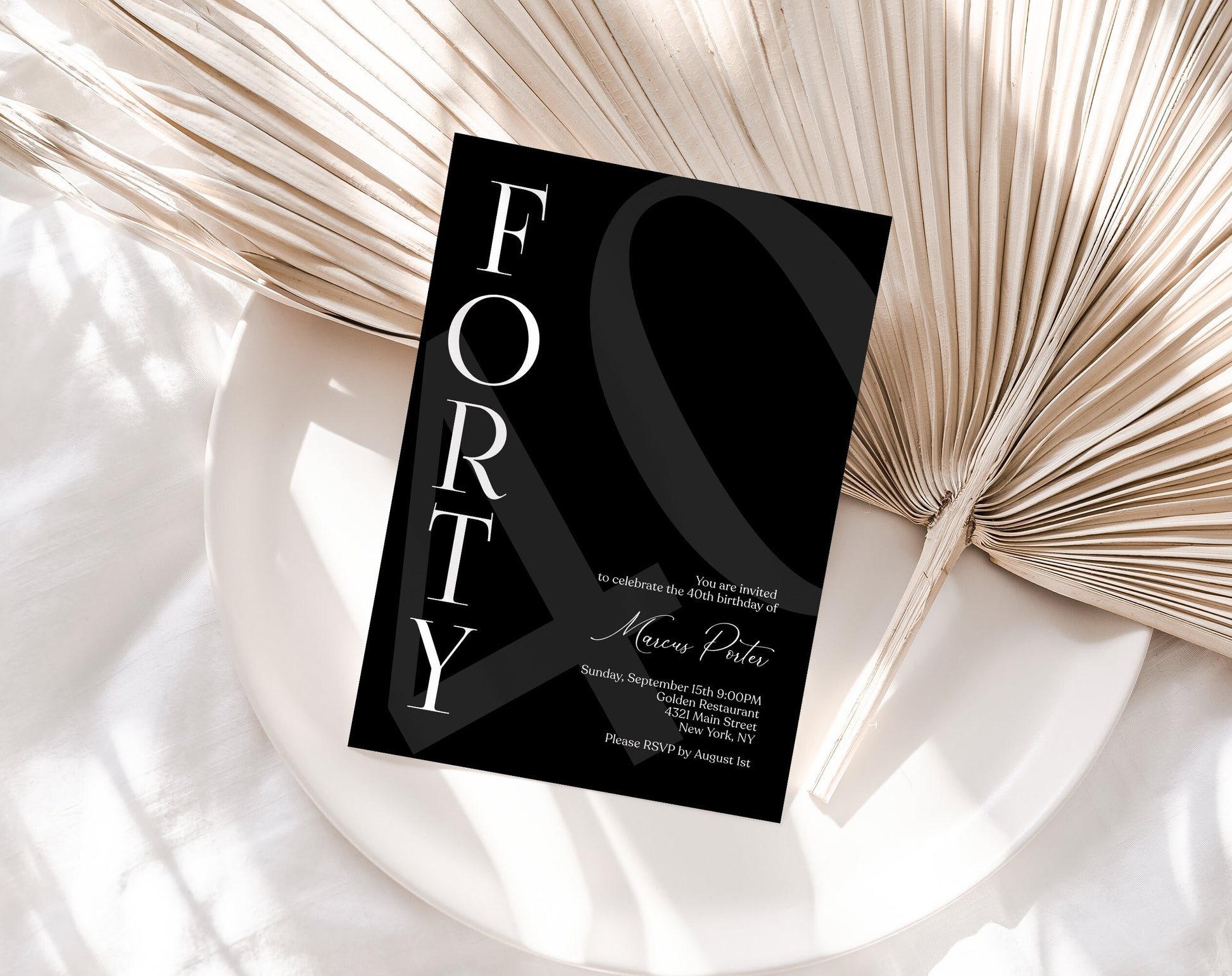 Minimalist Black 40th Birthday Invitation Template - Editable Design