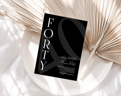 Minimalist Black 40th Birthday Invitation Template - Editable Design