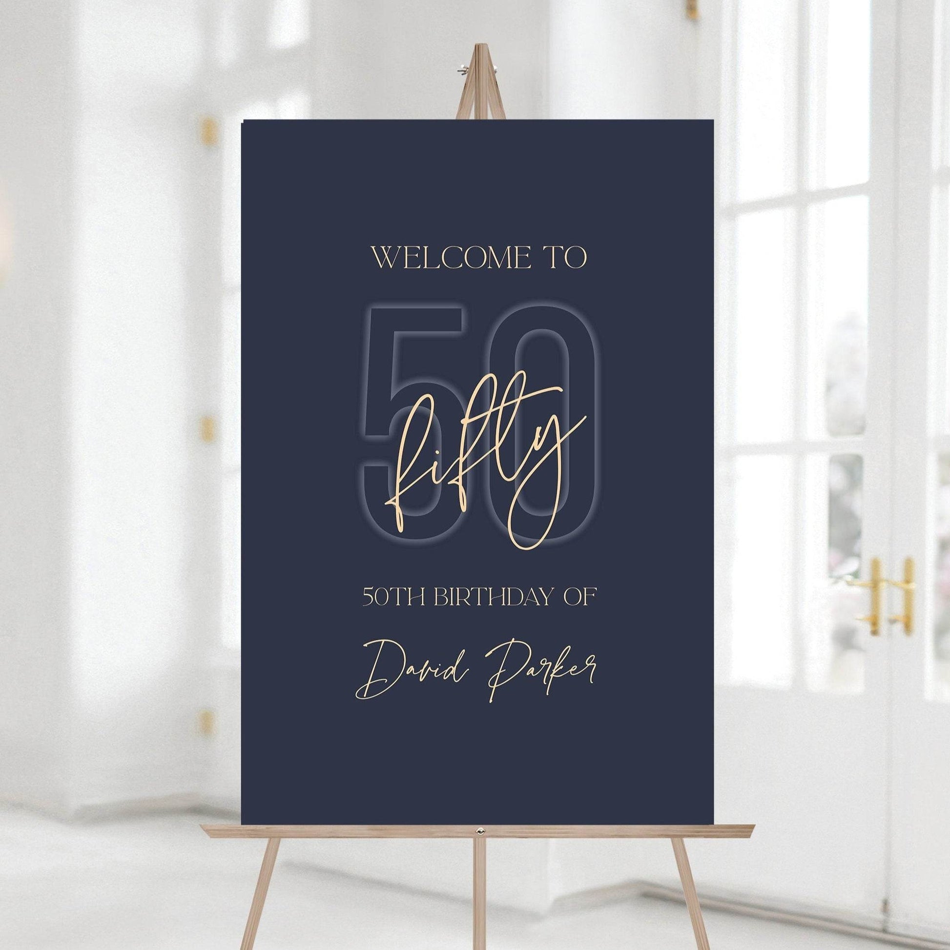 Fifty Printable Blue Navy Gold 50th Birthday Welcome Sign Template – Editable Welcome Sign Poster – Birthday Decorations – Instant Download DIY