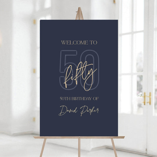 Fifty Printable Blue Navy Gold 50th Birthday Welcome Sign Template – Editable Welcome Sign Poster – Birthday Decorations – Instant Download DIY