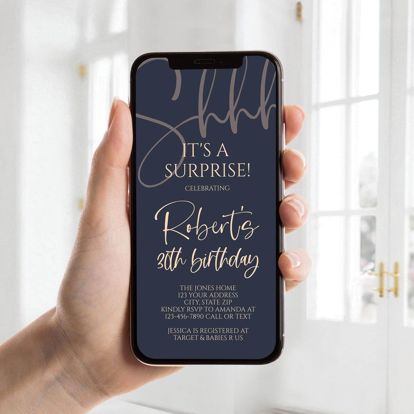 Digital Navy Gold Shhh It’s a Surprise Birthday Invitation, 30th Birthday Text Evite, Any Age Editable Phone Invite, Instant Download