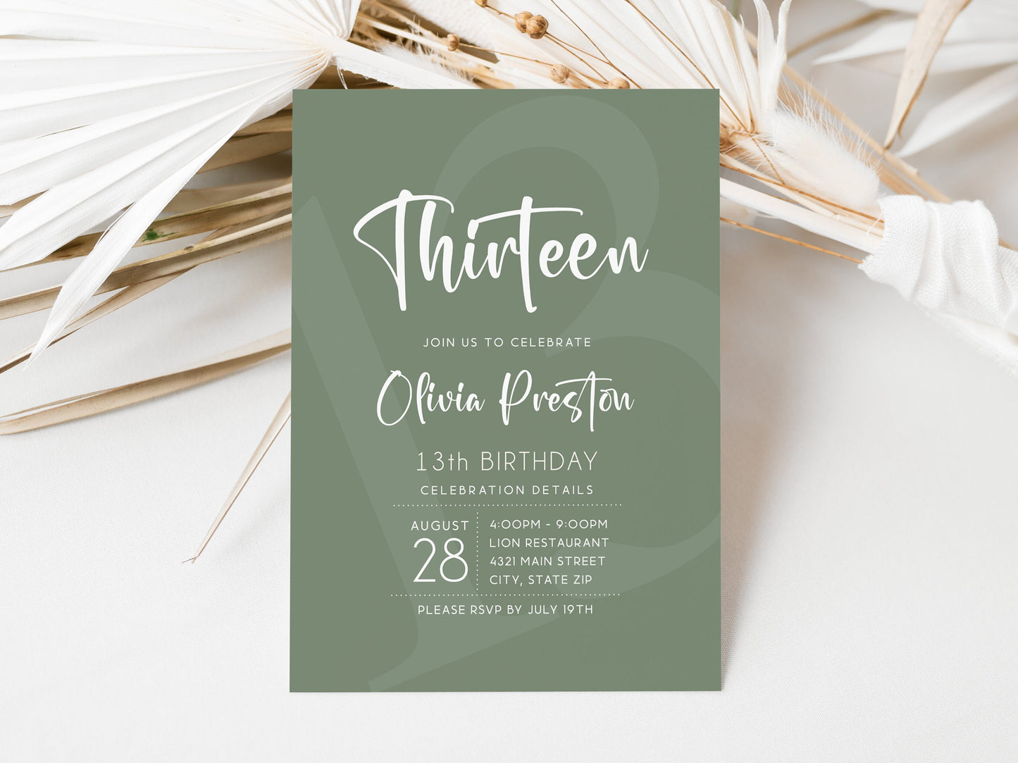Simple Sage Green 13th Birthday Invitation Template