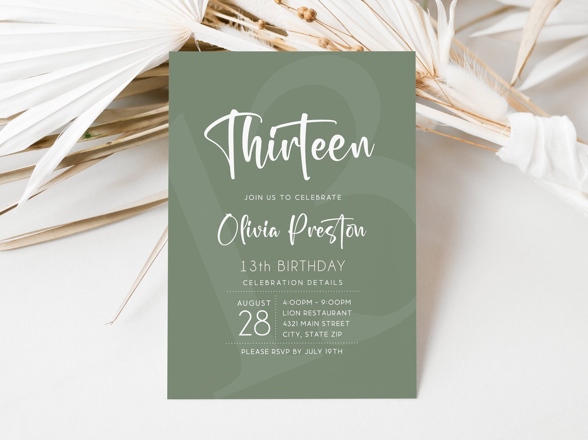 Simple Sage Green 13th Birthday Invitation Template
