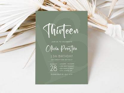 Simple Sage Green 13th Birthday Invitation Template