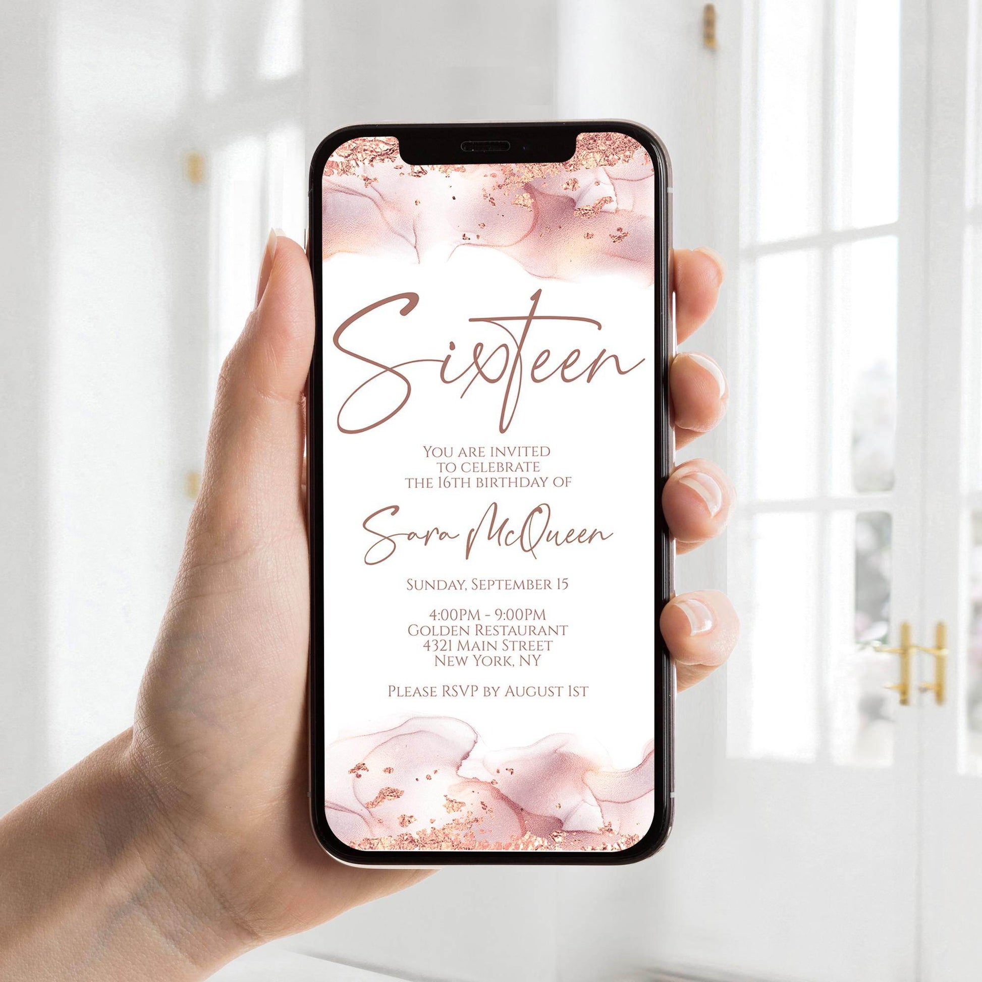 16th Birthday Electronic Invitation, Rose Gold Editable Sweet Sixteen Evite, Digital Blush Text Message Invite, Phone Party Template
