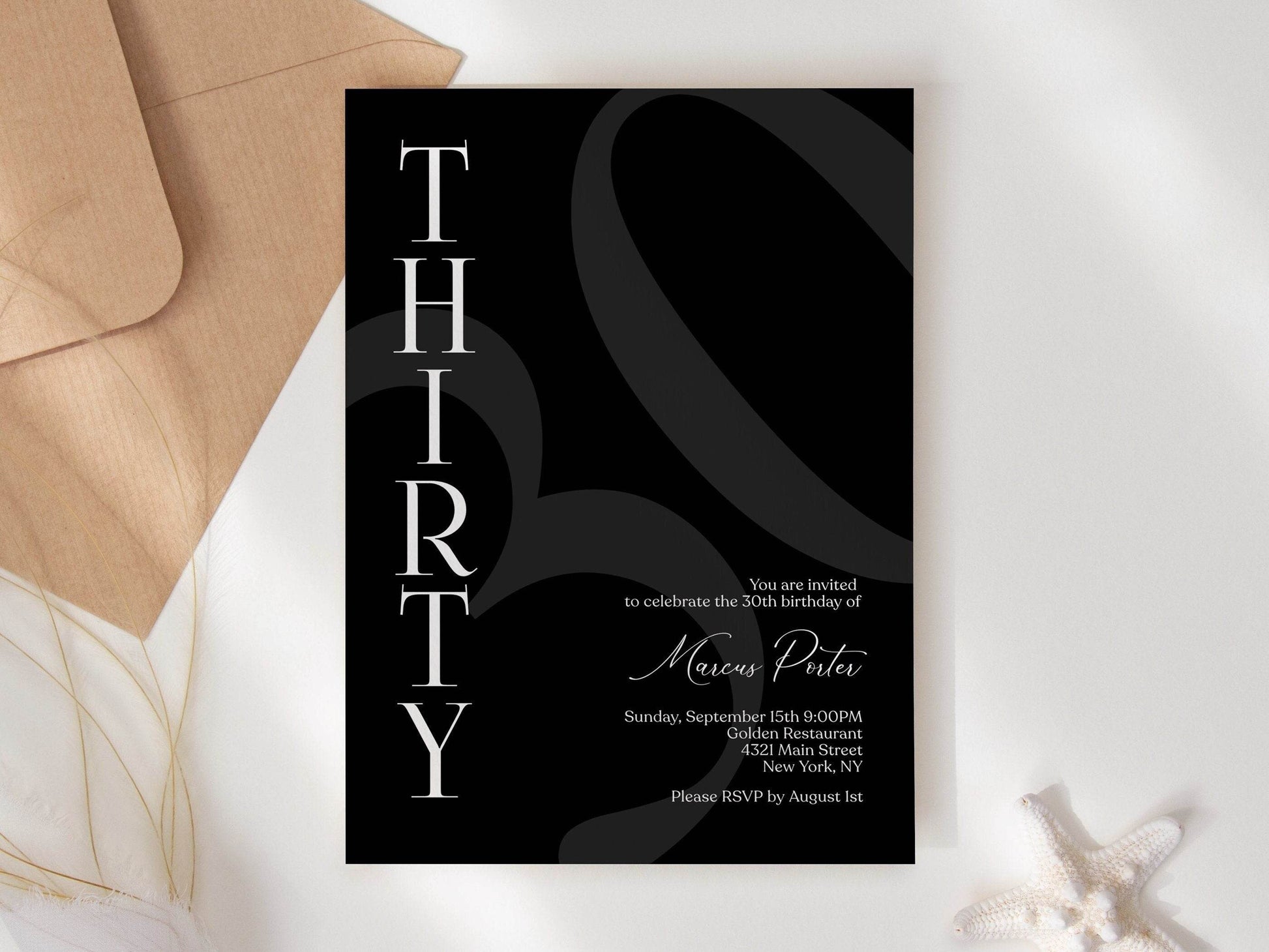 Printable Simple Black 30th Thirty Birthday Invitation Template, Editable Minimalist Any Age Men Invitation, Email Text Message, Download