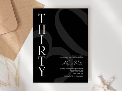 Printable Simple Black 30th Thirty Birthday Invitation Template, Editable Minimalist Any Age Men Invitation, Email Text Message, Download