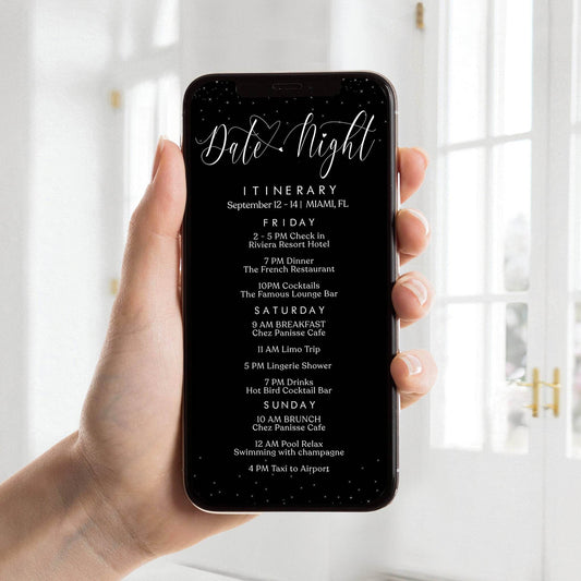 Electronic Itinerary Template, Digital Black Weekend Itinerary for Hen Party, Bachelorette, Birthday, Editable Text Message Evite, Instant Download