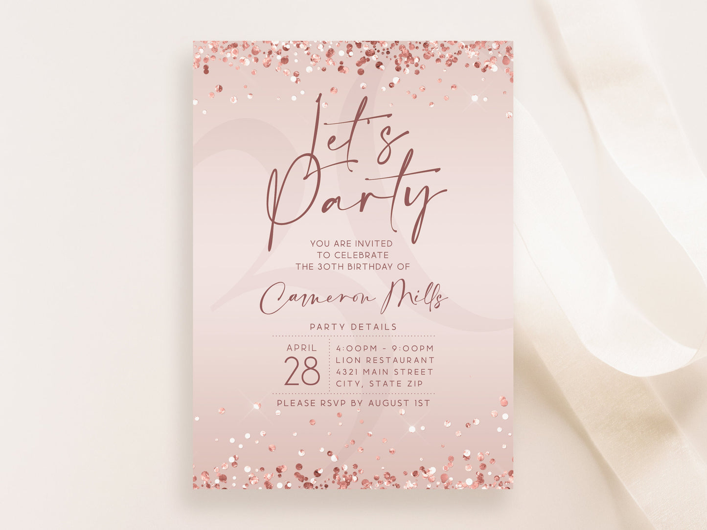 Rose Gold Birthday Invitation Template | Editable Let's Party Invite