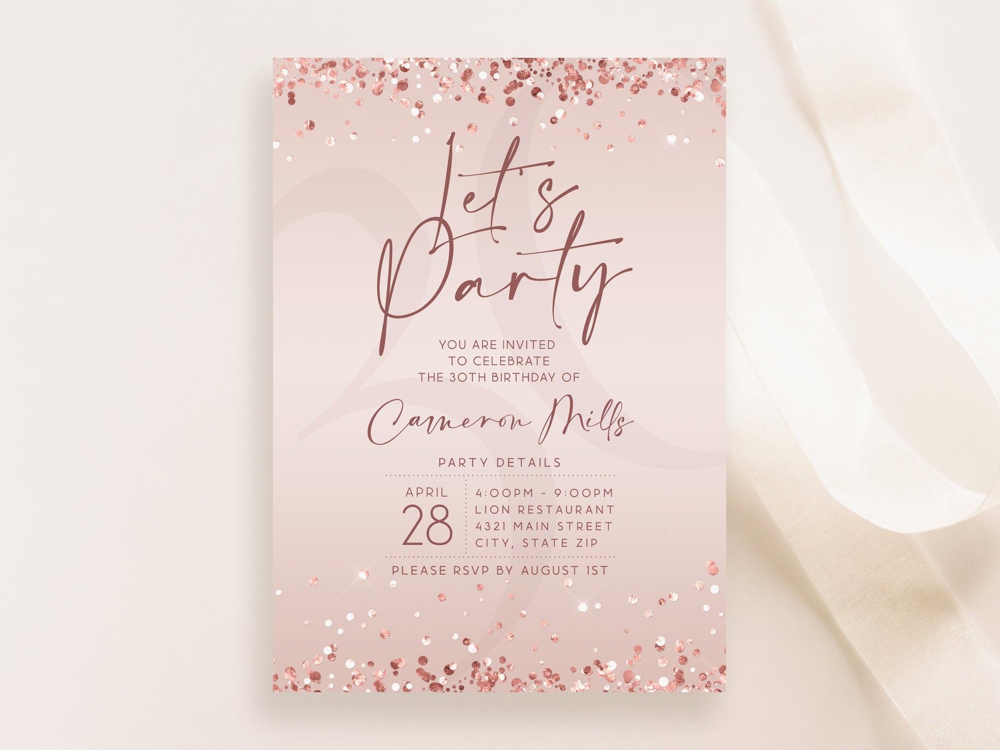 Rose Gold Birthday Invitation Template | Editable Let's Party Invite