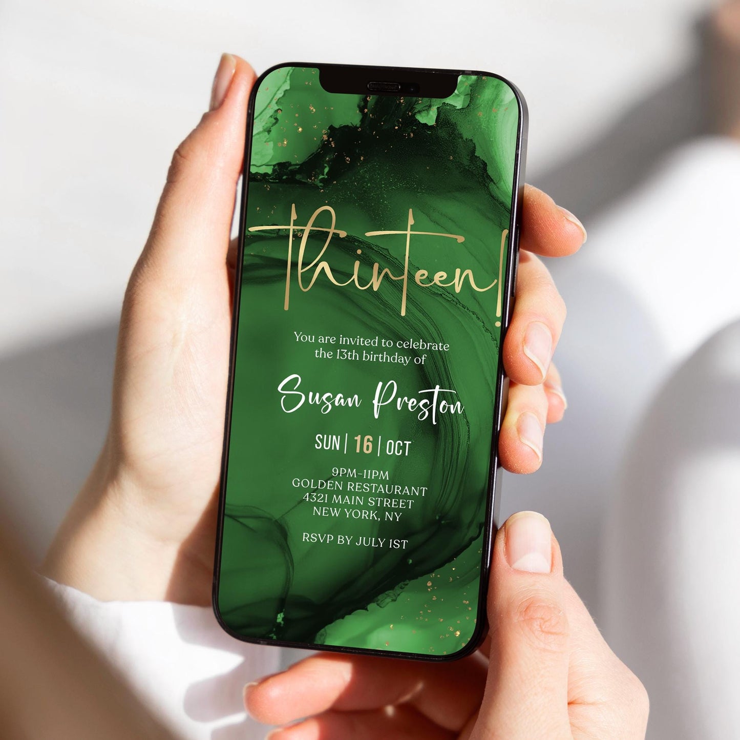 13th Birthday Invitation Template | Green Emerald Gold Design | Instant Download