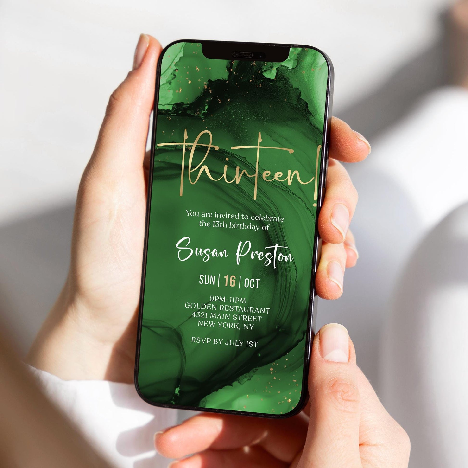 13th Birthday Invitation Template | Green Emerald Gold Design | Instant Download