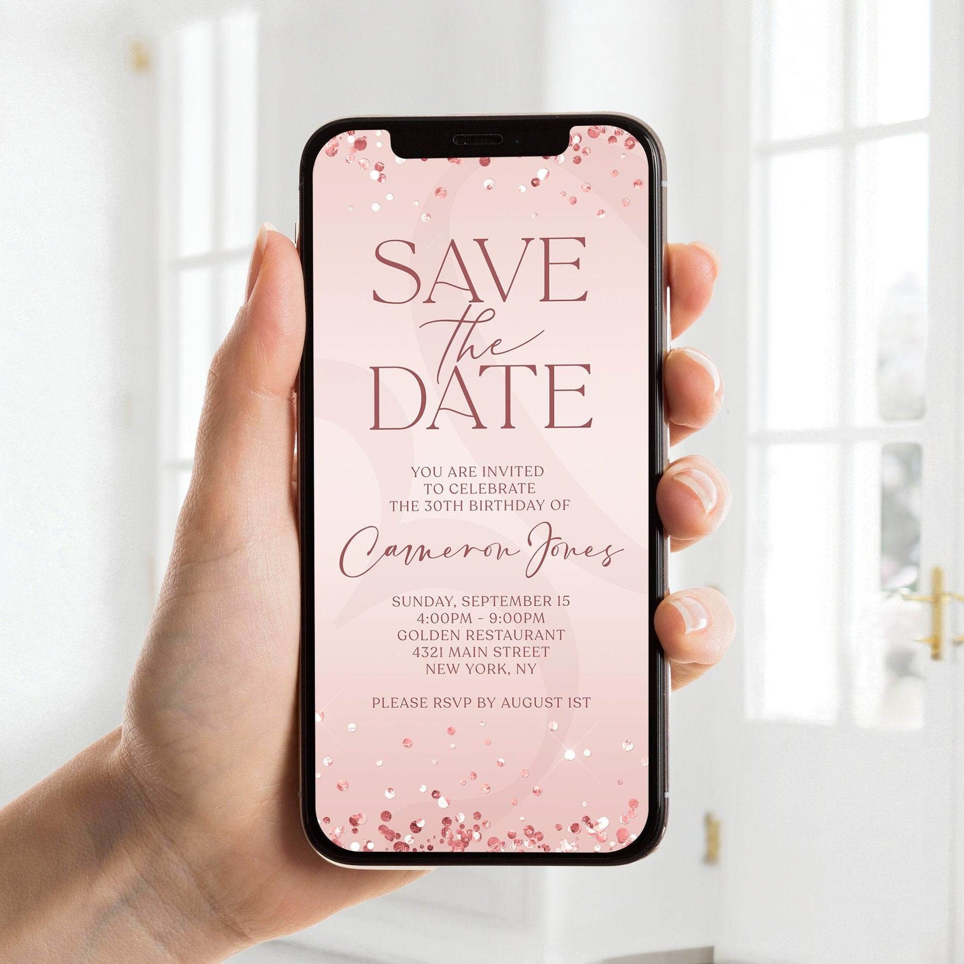 Digital Rose Gold Save the Date Birthday Invitation Template – Modern Pink Electronic Save the Date Invite – Text Message Evite – Luxury Instant Download