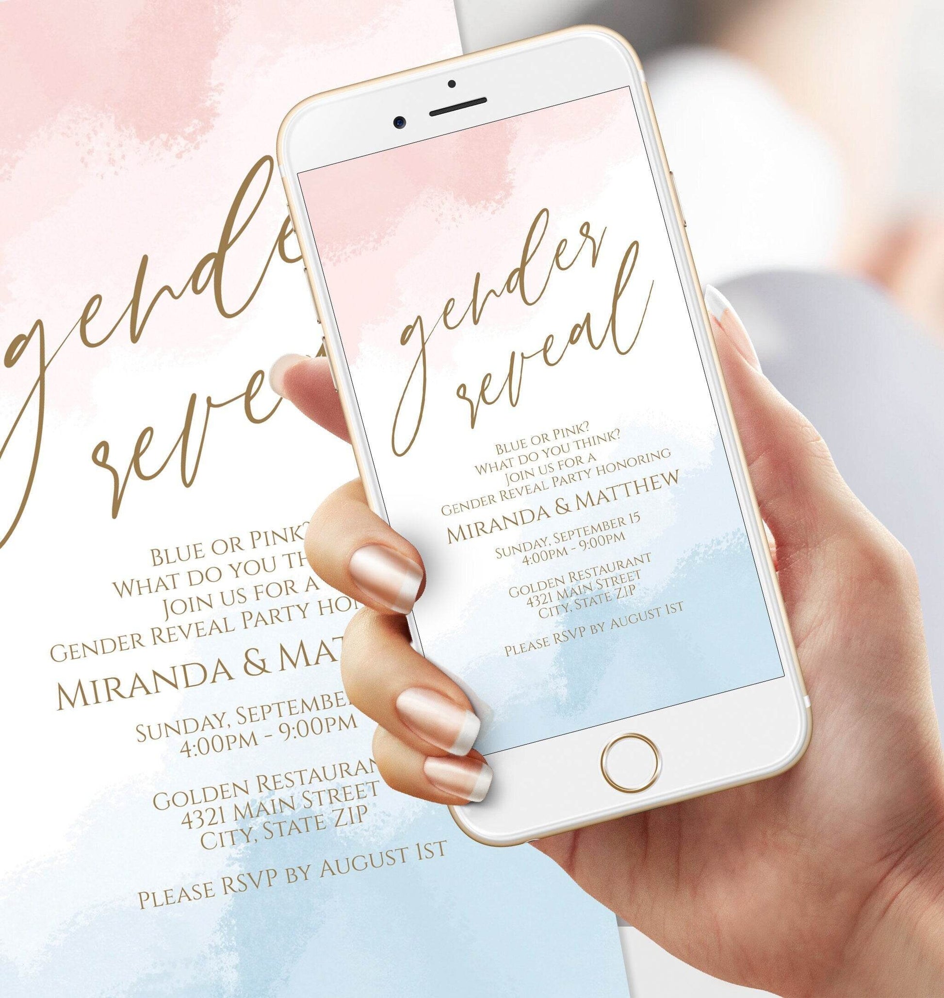 Electronic Gender Reveal Digital Invite, Digital Boy Or Girl Editable Invitation Template, Pink Blue Watercolor, He She Text Message Evite