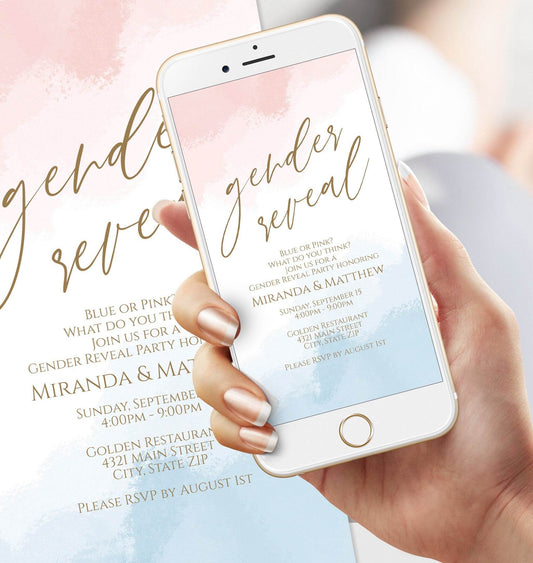Electronic Gender Reveal Digital Invite, Digital Boy Or Girl Editable Invitation Template, Pink Blue Watercolor, He She Text Message Evite
