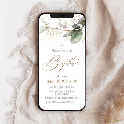 Editable Digital Baptism Invitation Template, Greenery Baptism Electronic Invite, Phone Invitation, Text Message Evite, Christening Invite