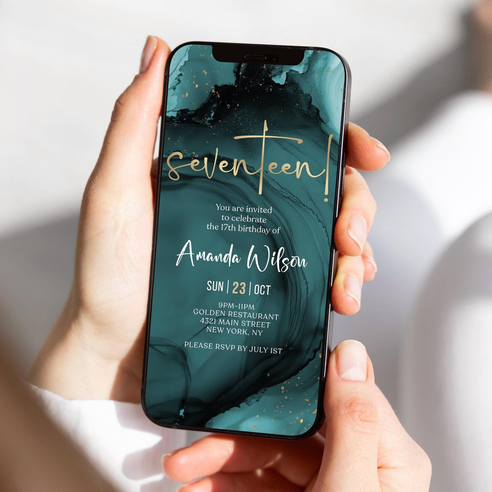 Digital Teal Gold 17th Seventeen Birthday Invitation Template, Electronic Modern Party Invite, Editable Boy Girl Invite, Text Message Evite