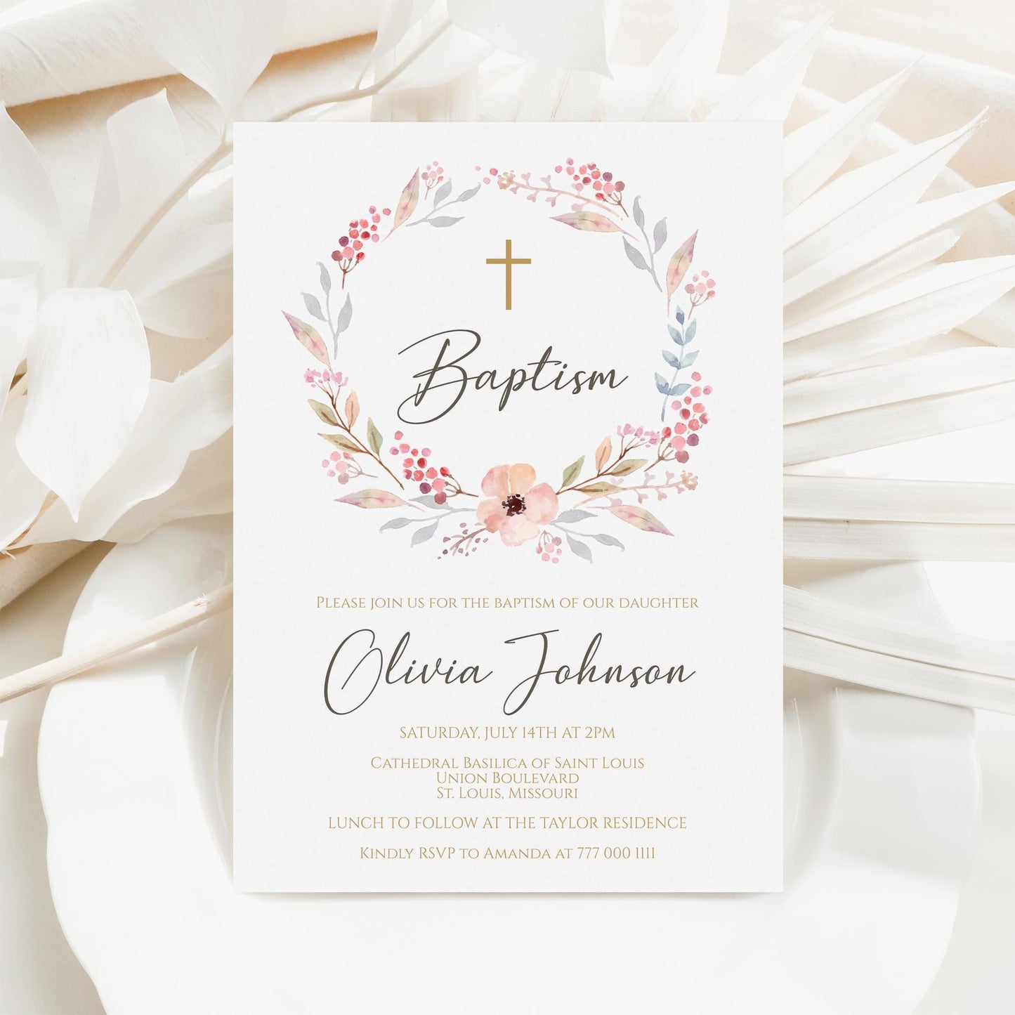 Girl Baptism Invitation Template Editable, Boho Floral Girl Invite Template, Printable Blush Pink Christening Card Invite, Digital Download