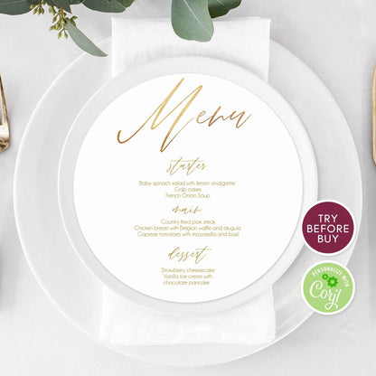 Round Wedding Menu Template, Gold Circle Dinner Menu, Editable Calligraphy Wedding Menu, Printable Modern Reception Menu, Instant Download