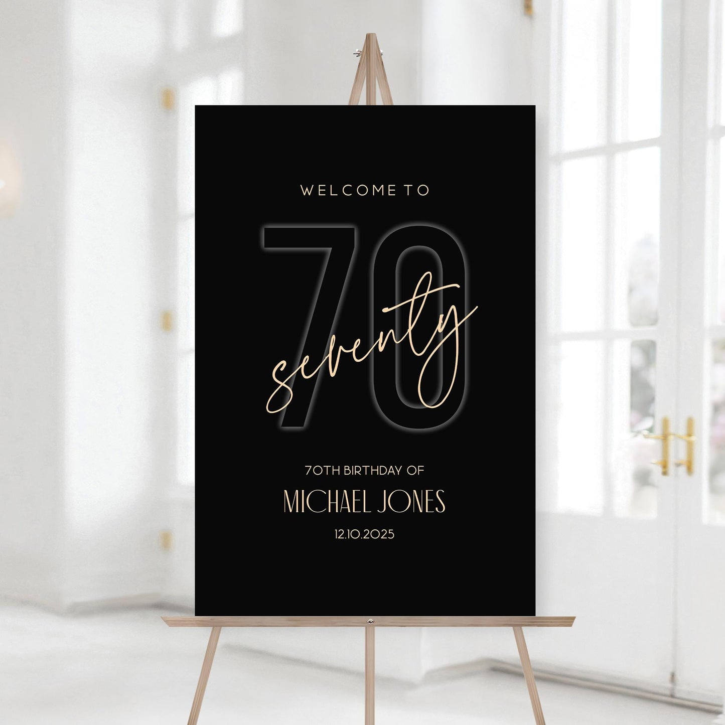 Black 70th Seventy Birthday Welcome Sign Template, Editable Seventy Welcome Board Poster, Printable Birthday Banner, Men's Birthday Decor