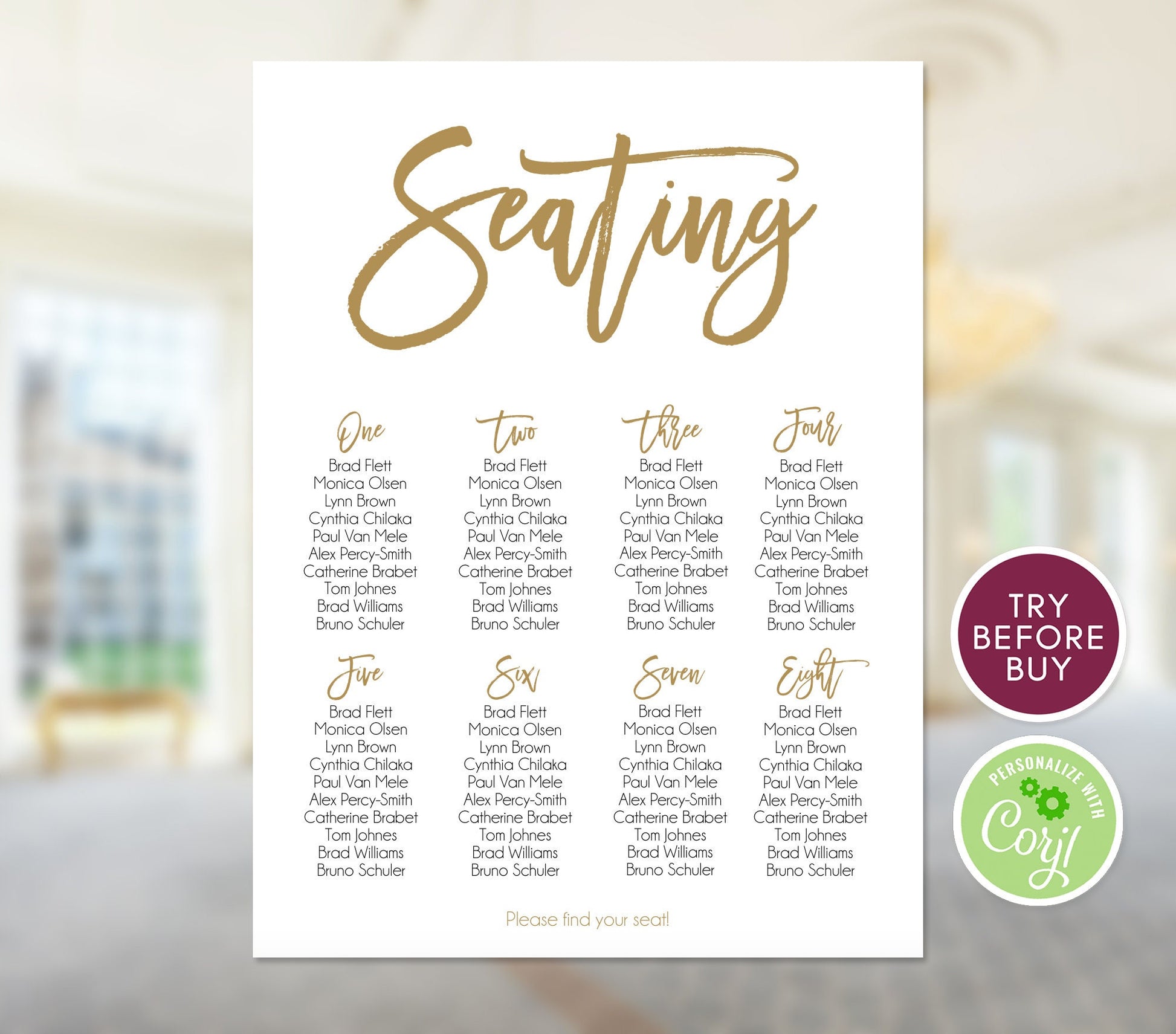 Gold Printable Seating Chart, Editable Wedding Seating Plan Template, Seating Poster, Seating Board, Wedding Seating Sign