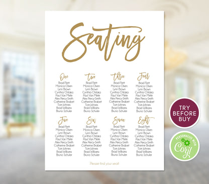 Gold Printable Seating Chart, Editable Wedding Seating Plan Template, Seating Poster, Seating Board, Wedding Seating Sign