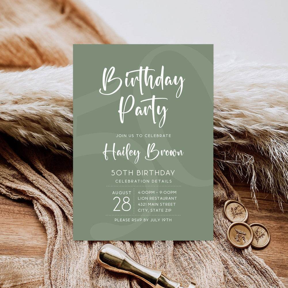 Simple Sage Green Birthday Invitation Template – Editable 5x7 Party Invite | Minimalist Printable Design | DIY Text or Email Evite