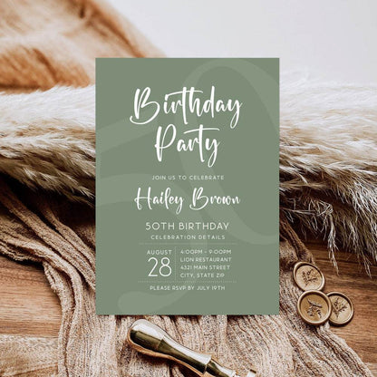 Simple Sage Green Birthday Invitation Template – Editable 5x7 Party Invite | Minimalist Printable Design | DIY Text or Email Evite