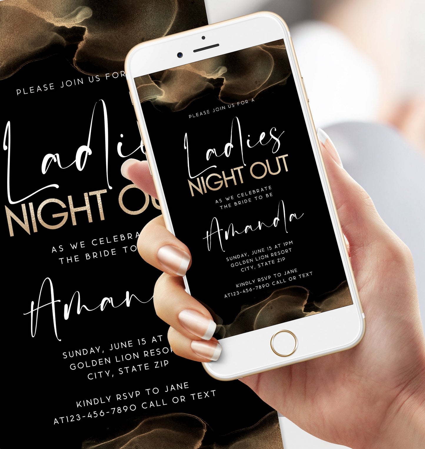 Digital Ladies Night Out Black Gold Party Invitation, Editable Electronic Bachelorette Invite, Hens Night Invitation, Girls Party Evite