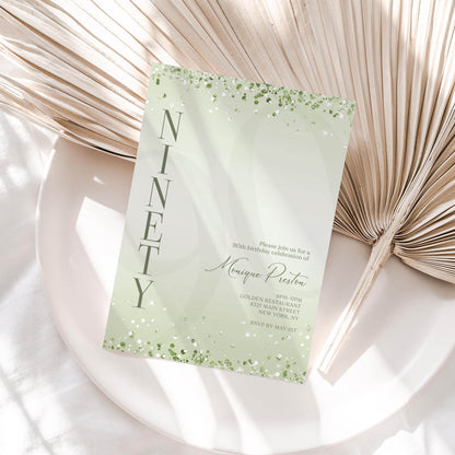 Editable Mint Green 90th Birthday Invitation Template | Printable Surprise Party Invite | Modern Digital Download for Text or Email