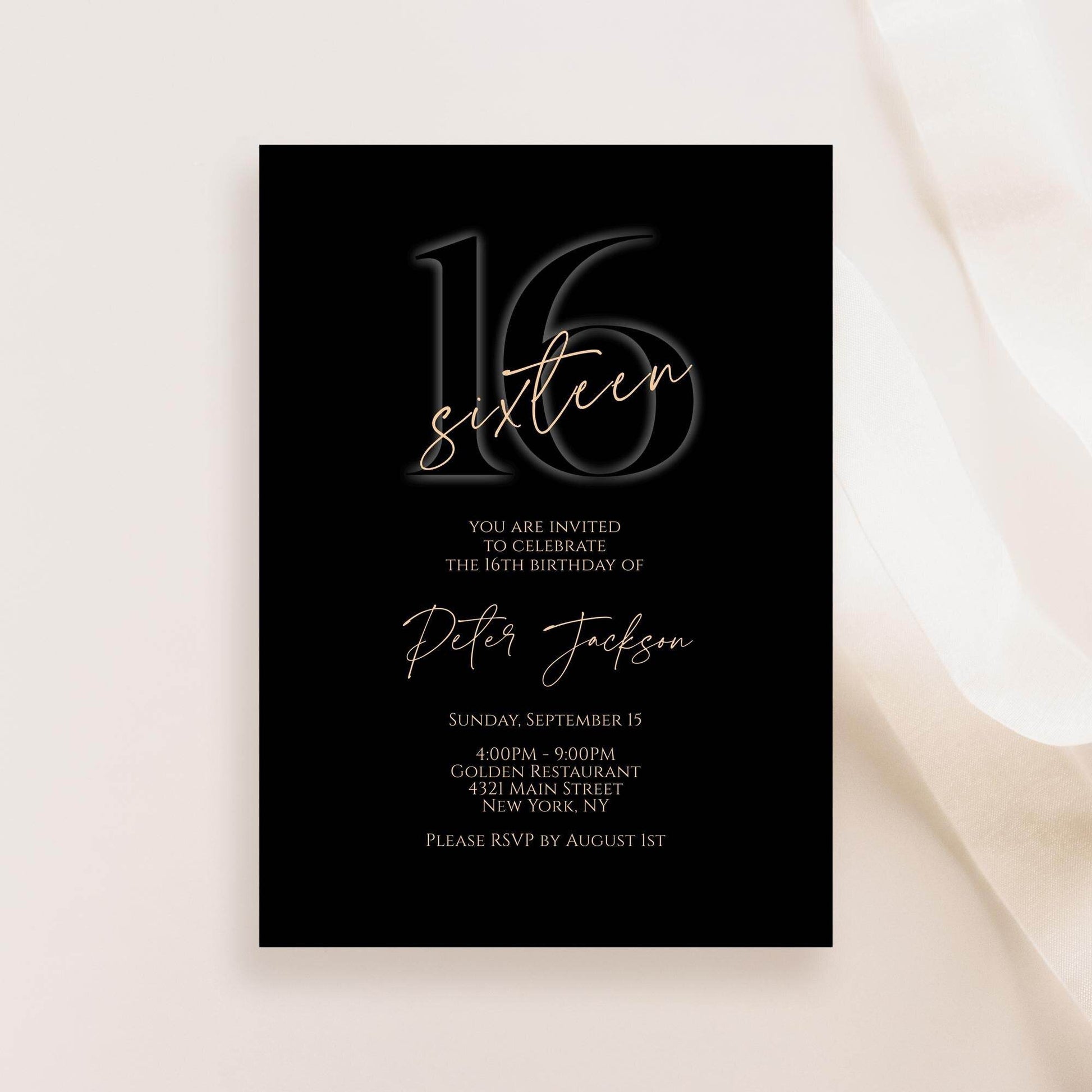 Black 16th Birthday Invitation for Boy, Elegant Printable Sixteen Invite, Editable Template, Text Message Evite, Instant Download