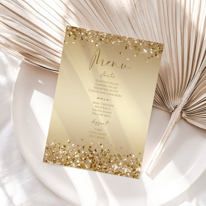 Gold Foil Menu Template | Editable Glitter Dinner Menu Card | Printable Birthday or Wedding Menu | Modern DIY Digital Instant Download