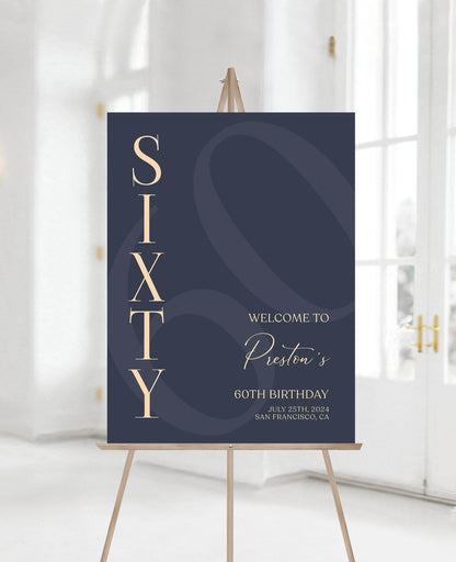 Printable 60th Sixty Birthday Welcome Sign Template, Blue Navy Gold Editable Welcome Sign Poster, Birthday Decorations, DIY Elegant Board