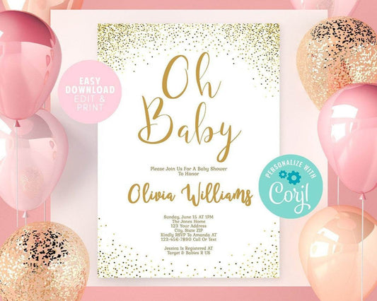 Oh Baby Shower Invitation Editable Template – Gold Glitter Confetti Design | Printable Baby Shower Invite | Instant Download