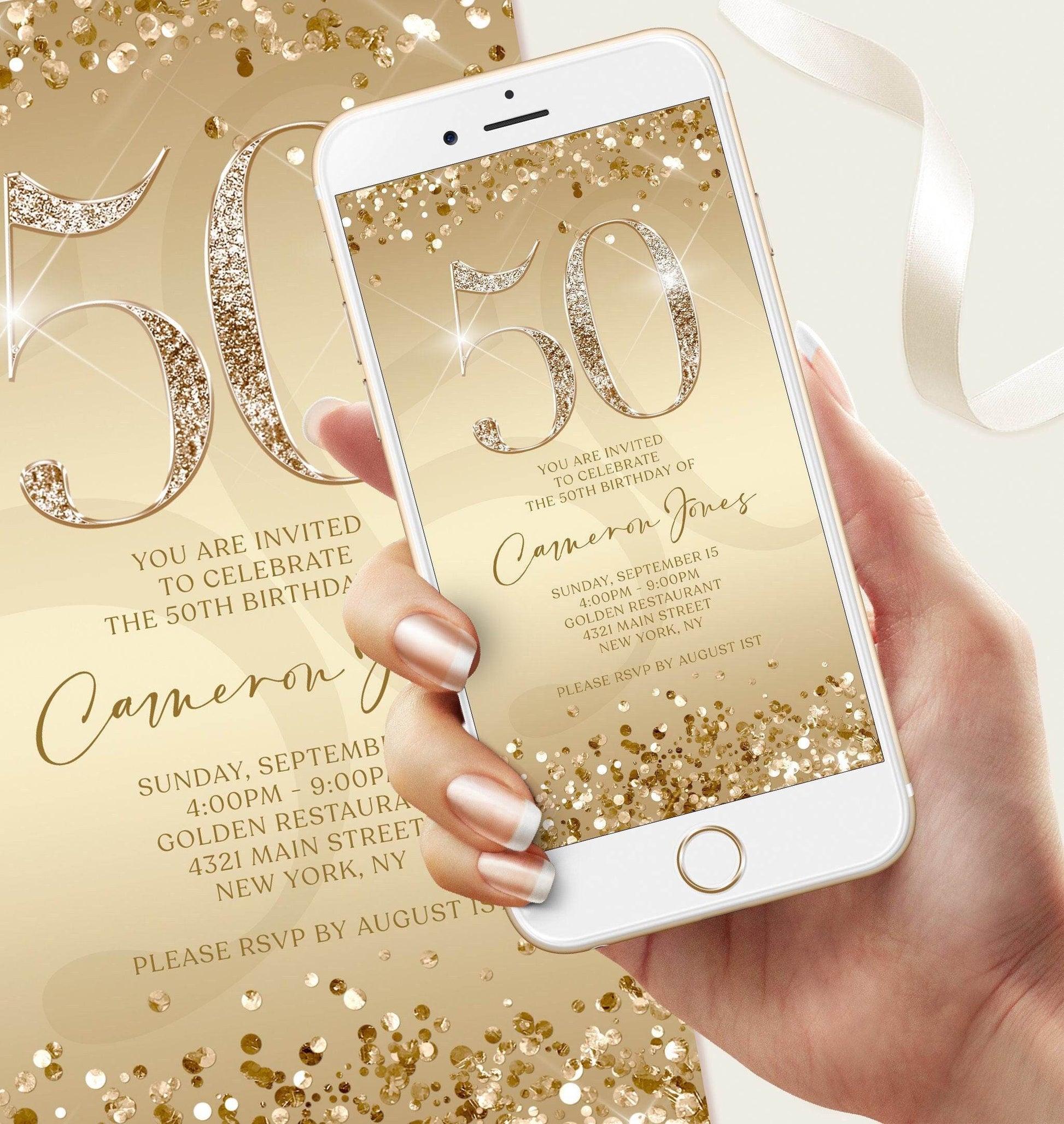 50th Birthday Invitation Template | Gold Digital Evite for 50th Party | Editable Mobile Text Message Invite | Electronic Birthday Card Download