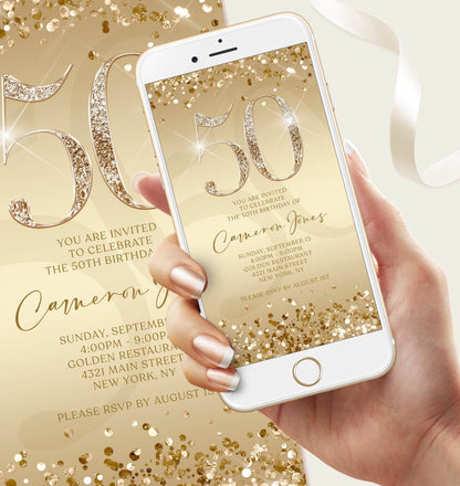 50th Birthday Invitation Template | Gold Digital Evite for 50th Party | Editable Mobile Text Message Invite | Electronic Birthday Card Download
