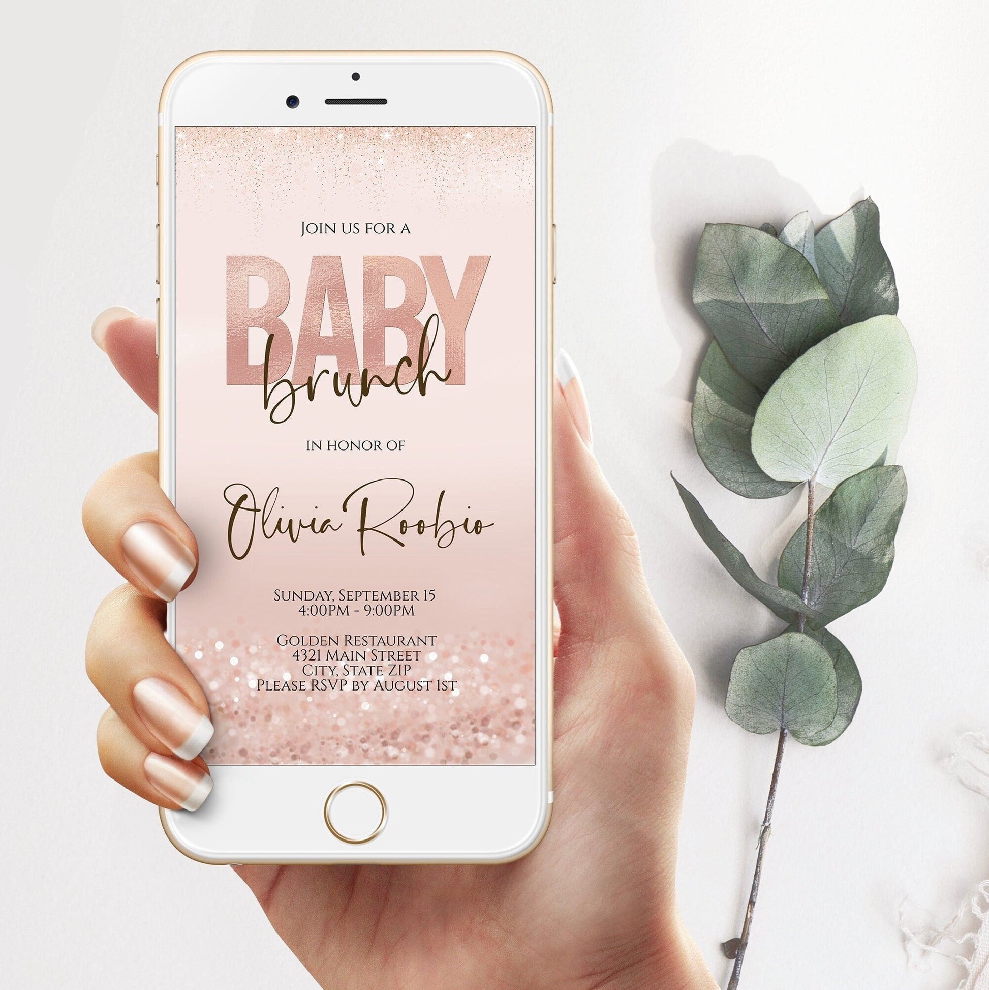 Digital Rose Gold Foil Baby Brunch Evite | Stylish Invitation Design