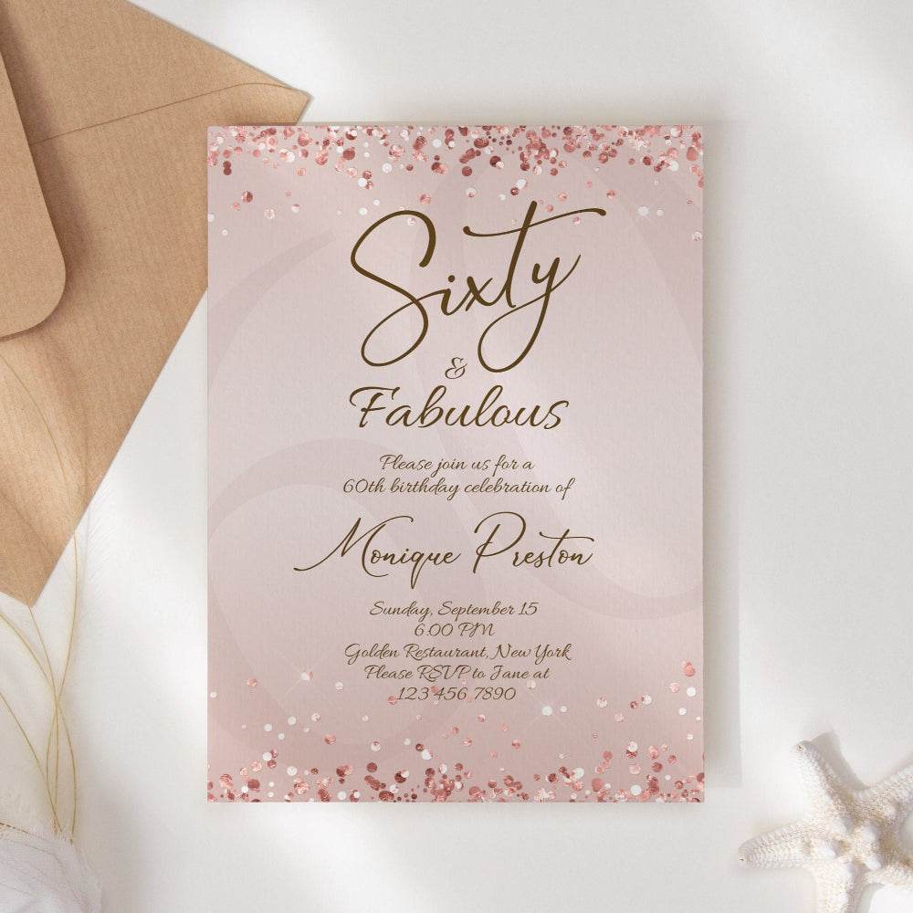 Rose Gold 60th Birthday Invitation for Her – Sixty & Fabulous Surprise Party Invite | Editable Women’s Birthday Template | Printable Digital Download