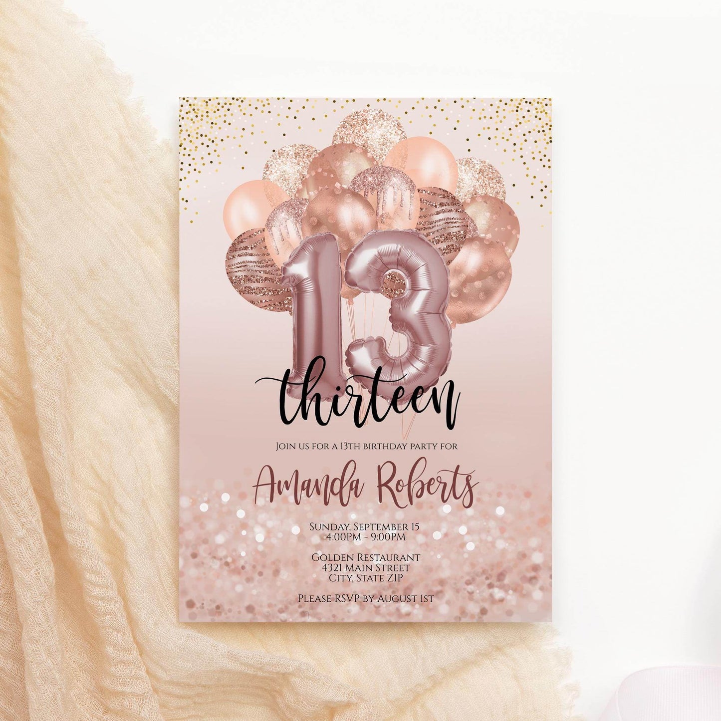 Thirteen 13th Birthday Invitation, Editable Birthday Invite with Balloons, Printable & Digital Text Message Evite, Instant Download