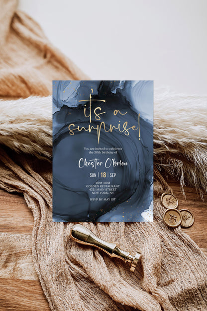 Blue Navy Gold Birthday Surprise Party Invites for Men, Editable Any Age Invitation Template, Printable Invitation Evite, Digital Download