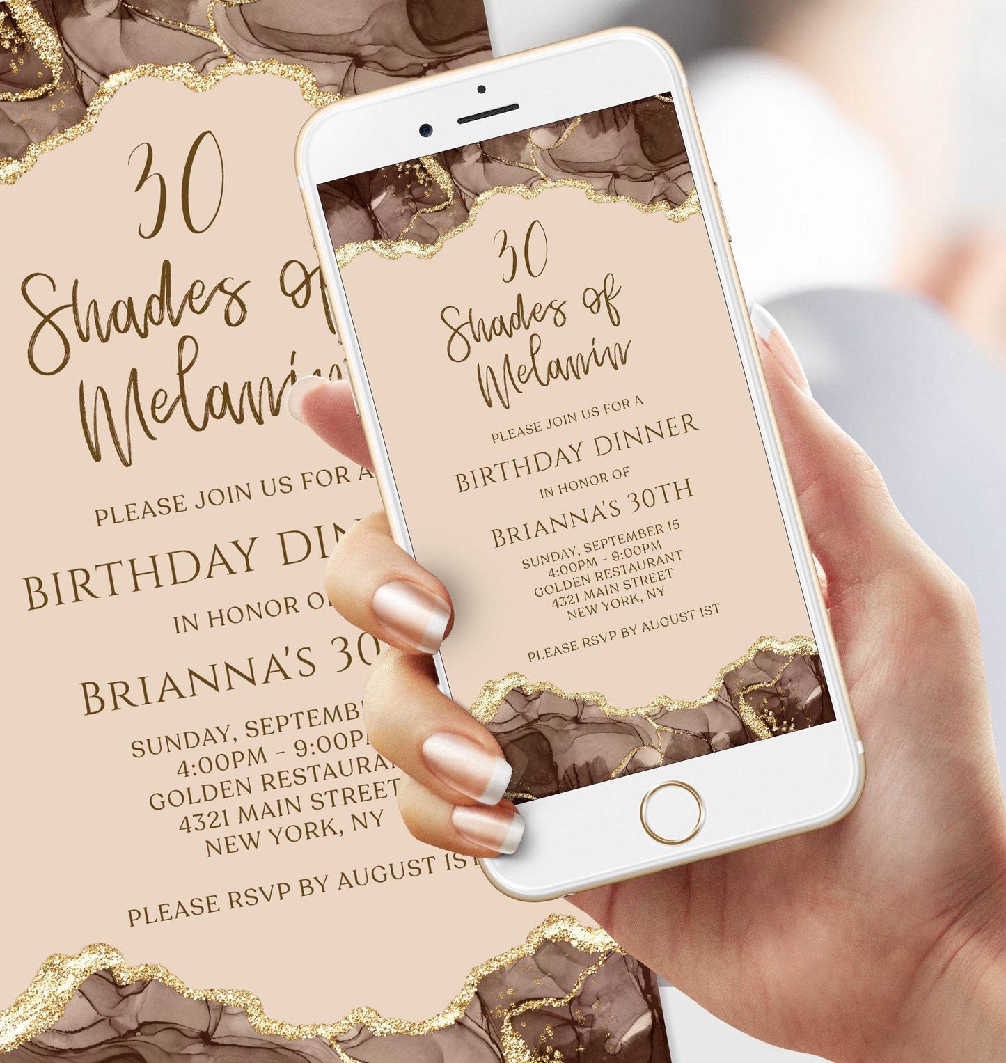 Digital Shades of Melanin Gold Birthday Dinner Invitation Template, Agate Invite, Electronic Shade of Brown Invitation, Text Message Evite